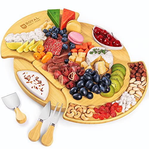 ROYAL CRAFT WOOD Large Round Cheese Board and Knife Set - Charcuterie Board, Bamboo Cheese Board Set, Cheese Tray Set, Wooden Cheese Plate Set 13.7 Inch - style: 2-4 Guests