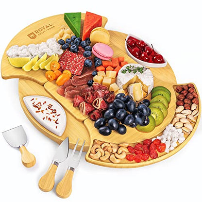 ROYAL CRAFT WOOD Large Round Cheese Board and Knife Set - Charcuterie Board, Bamboo Cheese Board Set, Cheese Tray Set, Wooden Cheese Plate Set 13.7 Inch - style: 2-4 Guests
