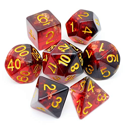 Haxtec DND Dice Set 7PCS Polyhedral D&D Dice for Roleplaying Games, Fire Red Black Gold Foil Resin Dice with Velvet Pouch for Dungeons and Dragons, Great DND Gift for Gamers & DM Masters - color: Red Black