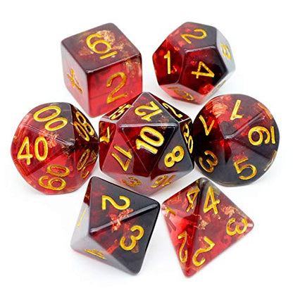 Haxtec DND Dice Set, 7 Pcs Gold Foil Resin Polyhedral RPG Dice | Fire Red Role Playing Games Dice with Velvet Pouch, Compatible with Dungeons and Dragons, D&D Gift for DM Masters - color: Red Black
