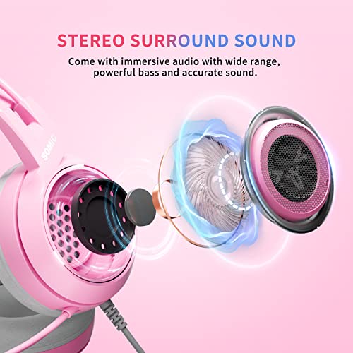 SOMIC G951s Pink Stereo Gaming Headset with Mic for PS4,Xbox,PC,Mobile Phone,3.5mm Noise Reduction Cat Ear Headphones Lightweight Over Ear Headphones for Woman - color: Pink