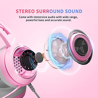 SOMIC G951s Pink Stereo Gaming Headset with Mic for PS4,Xbox,PC,Mobile Phone,3.5mm Noise Reduction Cat Ear Headphones Lightweight Over Ear Headphones for Woman - color: Pink