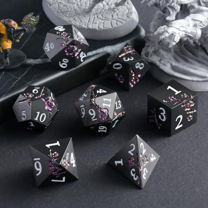Glitter Purple Metal D&D Dice, DNDND 7 PCS Flower Metallic DND Dice Set with Gorgeous Gift Case for Dungeons and Dragon Tabletop Game (Matte Black with Glitter Purple Flower) - color: Flower Glitter Purple