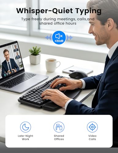 Wireless Keyboard and Mouse Combo, SABLUTE MA41 30dB Quiet Ergonomic Wave Keyboard Set with Soft Leather Palm Rest, Dual-System Switch for Windows/Mac, Ideal for Business Teams Home Office | Soft Leather Memory Foam Wrist Rest, 2.4GHz Wireless, UAB-A & US