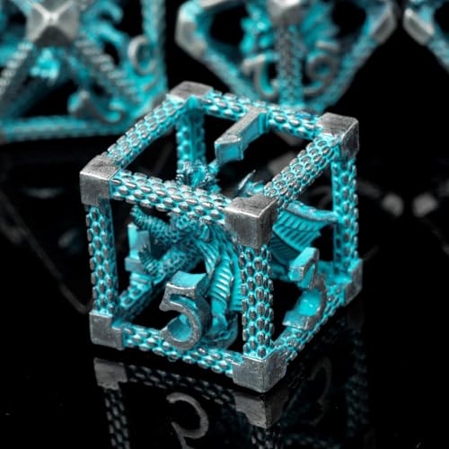 Hollow Metal DND Dice Set, 7-Piece Polyhedral RPG Gaming Dice with 3D Dragon Design, Cyan, for Dungeons and Dragons, Pathfinder, MTG - color: 3d Dragon Cyan