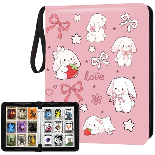 Card Binder 9 Pocket Trading Card Holder Fits 1008 Cards with 56 Removable Sleeves Portable Leather Collection Card Ablum Game Card Case Book with Zipper for Gift (Pink Cute Rabbit) - style: Pink Cute Rabbit Card Albums