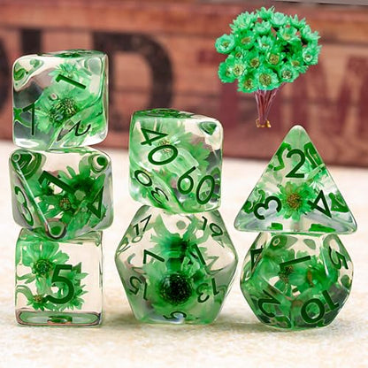 DND Resin Flower Dice Set, D&D Polyhedral Dice for Dungeons and Dragons RPG, MTG Role Playing Games D and D Dice 7pc D20 D12 D10 D8 D6 D4 - color: Green Flowers