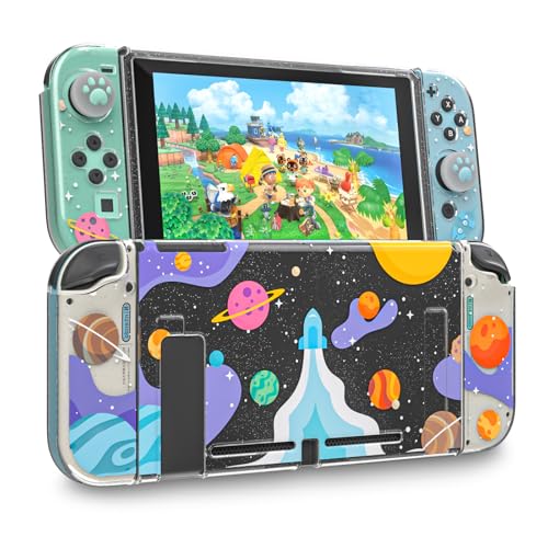 Clear Case for Nintendo Switch 2017, Screen Protector, Thumb Grips, Rocket | Nintendo Switch 2017 case with soft TPU shell, 2 thumb grips and clear glitter design for everyday scratch protection - color: Rocket