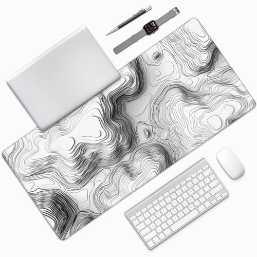 White Topographic Mouse Pad, XXL Extended Gaming Desk Mat, Non-Slip Rubber Base, Stitched Edges, 35.4" x 15.7" - color: White Topographic