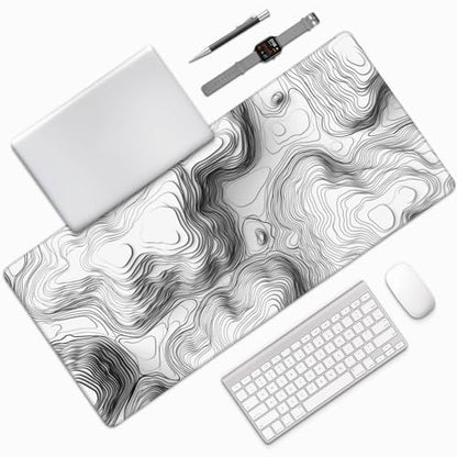 White Topographic Mouse Pad, XXL Extended Gaming Desk Mat, Non-Slip Rubber Base, Stitched Edges, 35.4" x 15.7" - color: White Topographic