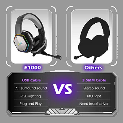 EKSA E1000 USB PC Gaming Headset with Mic, 7.1 Surround Sound | Computer Headphones with Microphone Noise Cancelling, RGB Light, Wired Headphones for PS4, PS5 Console, Laptop, Call Center - color: Grey