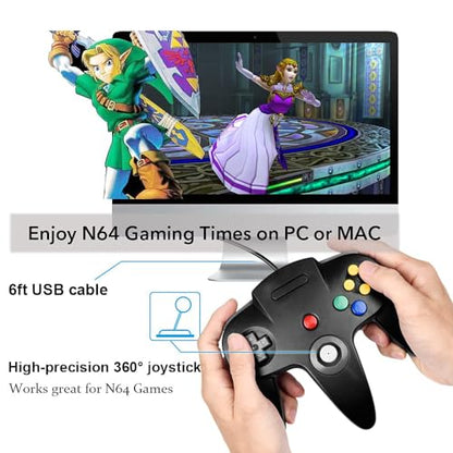 KIWITATA Classic N64 USB Controller, Retro N64 Remote Wired Joystick PC Emulator Game Controller for Windows XP 7 8 11 & Raspberry Pi 3 - color: black