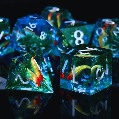 Moss and Koi Fish DND Dice Set - 7Pcs Sharp Edge Resin Polyhedral Game Dice for D&D RPG - Includes D20, D12, D10, D8, D6, D4 - Moss Agate Fish Design(Blue) - color: Blue