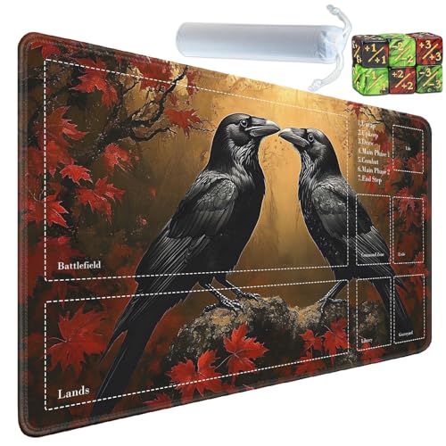 for MTG Card Playmat with Zones-Includes A Storage Bag and 6 Dice, 24 x 14 inches for TCG Playmat with Non-Slip Rubber, Game Mat, Autumn Crow - color: Yux-playmats-2-2A-282