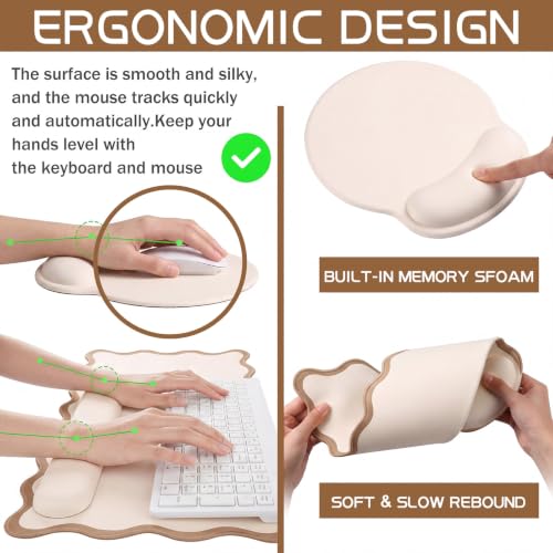 Sabary Scalloped Desk Mat Keyboard Mouse Pad Set 31.5 x 15.7 Inch Beige Preppy Table Mat Keyboard Wrist Rest Cute Aesthetic Mouse Pad with Wrist Rest Coaster Ergonomic Non-Slip Waterproof Gaming Desk - color: Beige, size: 31.5 x 15.7 Inch