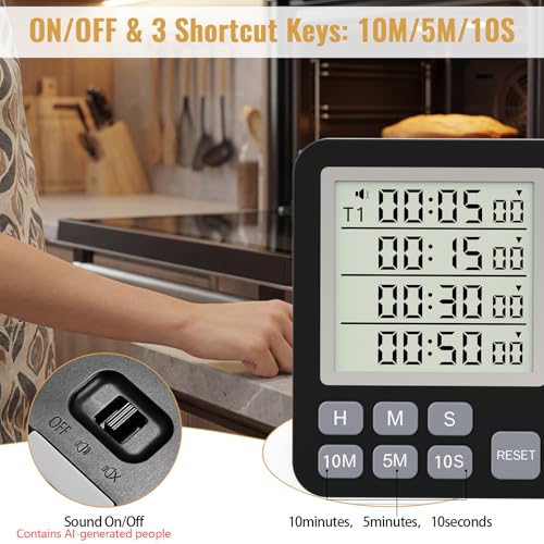 Digital Dual Kitchen Timer, 4 Channels Independent Countdown Timer, Large Display, On/Off, Loud Volume Alarm and Flashing Light with Magnetic Back, Stand, Battery Included (Black) - color: Black