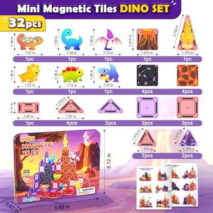 Mini Magnetic Tiles Dinosaur Volcano Set, Magnetic Blocks with 6 Dinosaurs | Road Trip Essentials for Car & Airplane Magnet Tiles STEM Construction Building Toys, Gifts & Toys for Boys Girls Ages 3-12 - size: Dinosaur Set