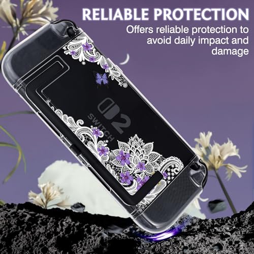DLseego Protective Case Flower Floral Clear Switch 2 (2025), Detachable Joy-Handle Protective Case 2-Piece Split Full Wrap PC Hard Shell Anti-Scratch All-Round Protection Cover, Butterfly, Purple - color: Purple 1