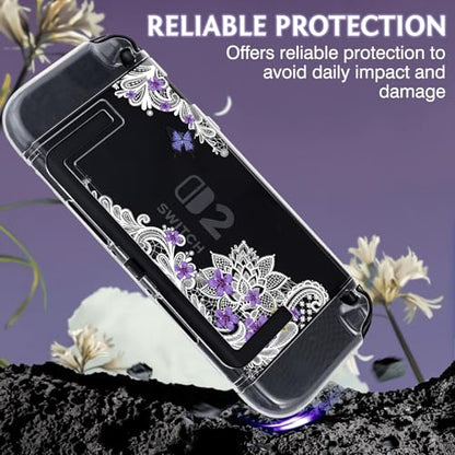 DLseego Protective Case Flower Floral Clear Switch 2 (2025), Detachable Joy-Handle Protective Case 2-Piece Split Full Wrap PC Hard Shell Anti-Scratch All-Round Protection Cover, Butterfly, Purple - color: Purple 1