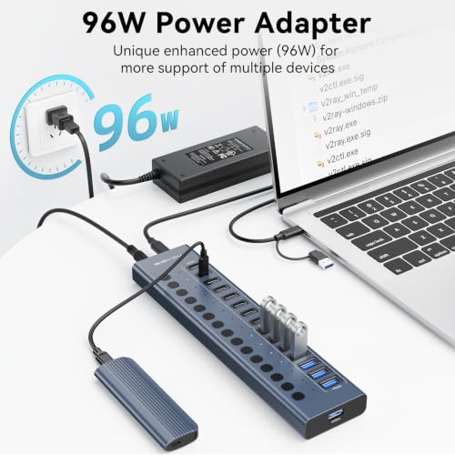 ACASIS 16 Ports Powered USB 3.2 Hub (8 USB-A 3.2 +8 USB-C 3.2) | Aluminum USB Hub Powered with 96W Power Adapter, USB Hub for PC/Laptop, Computer, Flash Drive, Printer, Camera - color: Gray