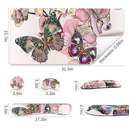 QIYI PU Leather Desk Mat Set, 4-in-1 Ergonomic Wrist Rest, Butterflies | Waterproof Large Mouse Pad 31.5×15.7 + Keyboard Wrist Rest + Mouse Wrist Support+Coaster, Non-Slip Office Gaming Accessories - color: Floral Butterflies
