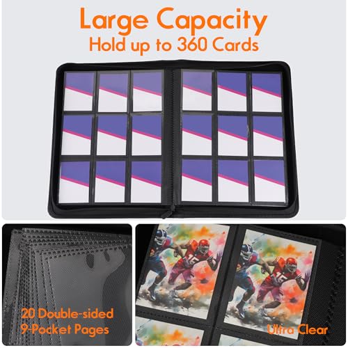 9 Pocket Trading Card Binder, Ringless Card Binder with Zipper for TCG and Sport Cards Collections, Holds 360 Cards with Side-Loading Pages, Black - color: 3.Black - 9 Pocket - 360 Slots