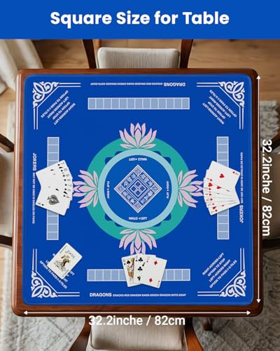 Mahjong Mat for Table, 32.4×32.4 Non-Slip Rubber Mahjong Mats with 2026 Mahjong Card, Neoprene Mah Jong Mat with Carrying Bag for Poker, Board Games,Dominoes,Cards & Tile Games - color: Blue