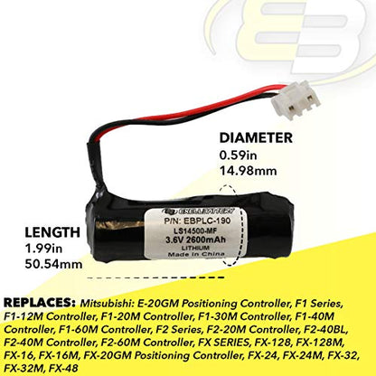 (2-Pack) Exell PLC Lithium 3.6V 2600mAh Computer Backup Batteries, Replacements for Mitsubishi, E-20GM Positioning Controller, F1 Series, F2 Series, FX Series, FX-20GM Positioning Controller