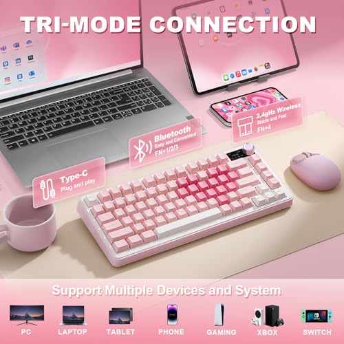 YUNZII B75 PRO MAX QMK/VIA Wireless Mechanical Keyboard | 75% Layout with Screen and Knob, Custom Hot Swap, Gasket, Creamy Switches, for Win/Mac (Pink Heart, Cocoa Cream V2 Switch) - color: Pink Heart, size: Cocoa Cream V2 Switch