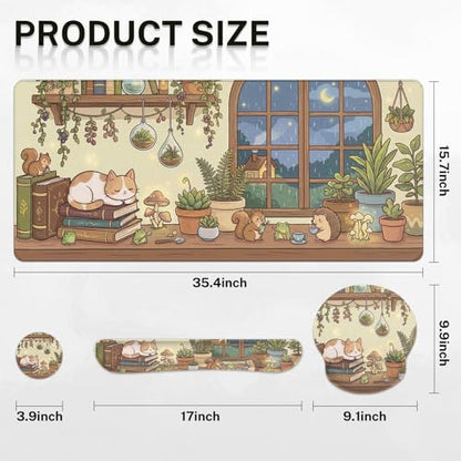 Arttown Keyboard Mouse Pad Set, 4 in 1 Desk Mat Set Kawaii Mushroom | Cat Frog Large Mousepad+Keyboard Wrist Rest+Mouse Wrist Rest+Coaster Ergonomic Design for Home Office Computer - color: Cat Frog