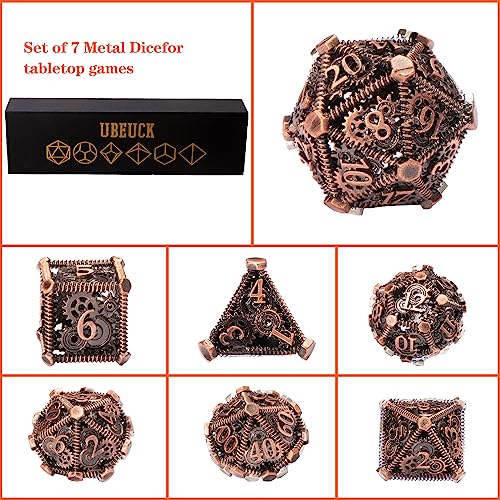 DND Metal Dice Set, UBEUCK 7PCS Gear Metal DND Dice Set for Dungeons & Dragons Board Games Boxes(Gear red Copper) - color: Gear Red Copper