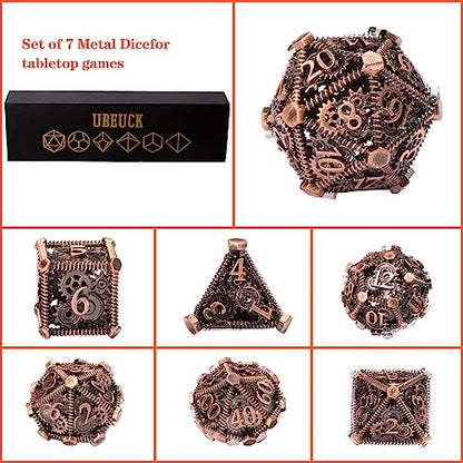 DND Metal Dice Set, UBEUCK 7PCS Gear Metal DND Dice Set for Dungeons & Dragons Board Games Boxes(Gear red Copper) - color: Gear Red Copper