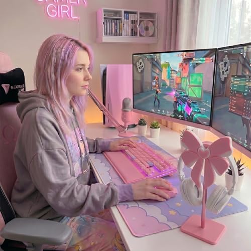 Pink Bow Headphone Stand for Desk - Upgraded Aluminum Alloy & Wood Gaming Headset Holder,, Cute Gamer Girl Gifts for Women, Girls, Wife, Office Decor with Anti-Slip Base (Pink Bow)