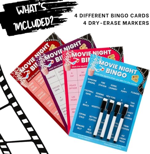 XOXO Parents Movie Night Bingo Cards, Reusable Supplies - Action | 4 reusable dry-erase cards, markers included, fun for kids & adults, guys night game, blockbuster movie lover gift