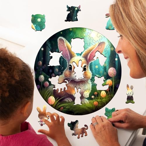 Wooden Puzzles for Kids Ages 4-8, Cute Bunny Puzzle, Unique Animal Shaped Wooden Jigsaw Puzzles for Kid, 50 Pieces Puzzles for Kids(50pcs,11.4 * 11.4in) - color: Easter Bunny
