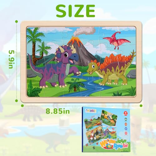 Wooden Puzzles Dinosaur Toys for Kids Ages 3-5, Set of 4 Packs with 20-Piece Wood Jigsaw Puzzles, Preschool Educational Brain Teaser Boards for Boys and Girls 3 4 5 6 Years Old - color: Dinosaur