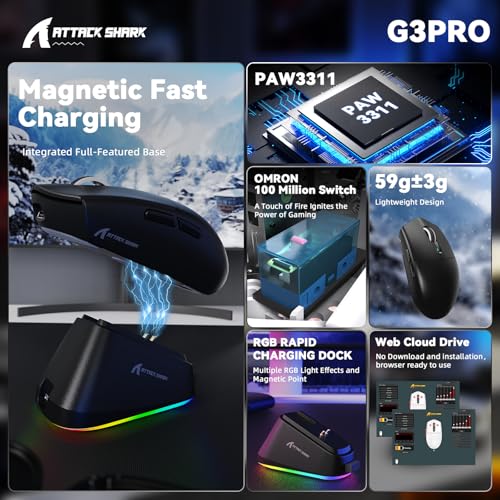 MAMBASNAKE ATTACK SHARK G3PRO Wireless Gaming Mouse,Tri-Mode,Bluetooth/2.4G/USB,59g Ultra Lightweight,25K DPI,100M Clicks Switches,RGB Magnetic Charging Dock,PAW3311 Sensor,BK52820 Chip-Black - color: Black