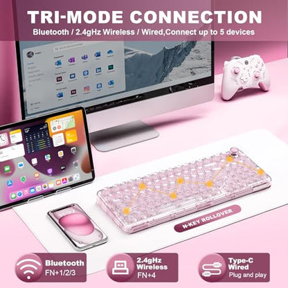 YUNZII X98 Clear Wireless Mechanical Keyboard with Knob (Pink, Snow Switch) | BT5.0/USB-C/2.4GHz,1800 Layout with Number Pad,Pre-lubed Switches Gasket Mount ,Clear Keyboard with RGB for Wins/Mac/Gaming - color: Pink, size: Snow Switch