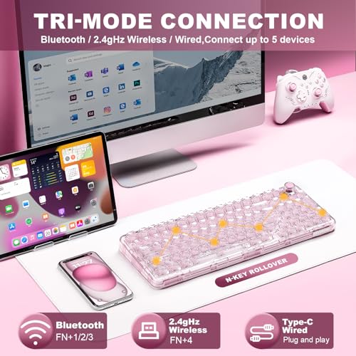 YUNZII X98 Wireless Mechanical Keyboard with Knob (Pink, Crystal Switch) | BT5.0/USB-C/2.4GHz,1800 Layout with Number Pad,Pre-lubed Switches Gasket Mount ,Clear Keyboard with RGB for Wins/Mac/Gaming - color: Pink, size: Crystal Switch