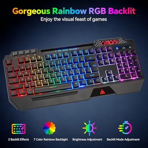 CHONCHOW Gaming Keyboard and Mouse Combo, Wired RGB Set for PC PS4 PS5 Xbox | Phone Holder, Ergo Wrist Rest, Full Size, Anti-Ghosting, USB Silent Light Up Keyboard, 7D 7200DPI Gaming Mouse, Mouse Pad