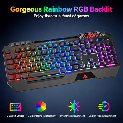 CHONCHOW Gaming Keyboard and Mouse Combo, Wired RGB Set for PC PS4 PS5 Xbox | Phone Holder, Ergo Wrist Rest, Full Size, Anti-Ghosting, USB Silent Light Up Keyboard, 7D 7200DPI Gaming Mouse, Mouse Pad