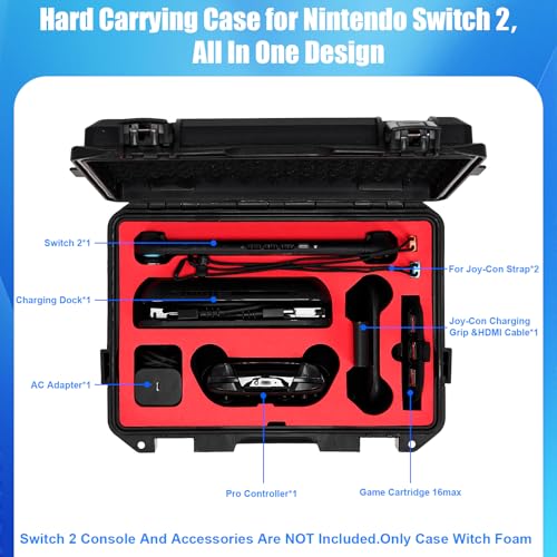 HLHGR Hard Carrying Case for Nintendo Switch 2,Heavy Duty Protective case IP67 Waterproof Soft Lining Hard Travel All IN One Case for Nintendo Switch 2 Console Pro Controller & Accessories (black) - color: black
