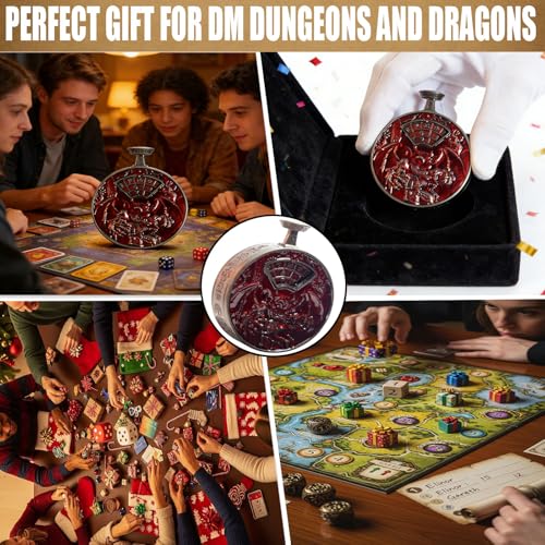 DND Dice Roller D4-D20 Metal Pocket Watch 3D Dragon Art Scarlet | All-in-one dnd spinner dice. metal pocket watch design.press to roll. zinc alloy metal. mtg ttrpg gifts - color: Dice Roller-scarlet