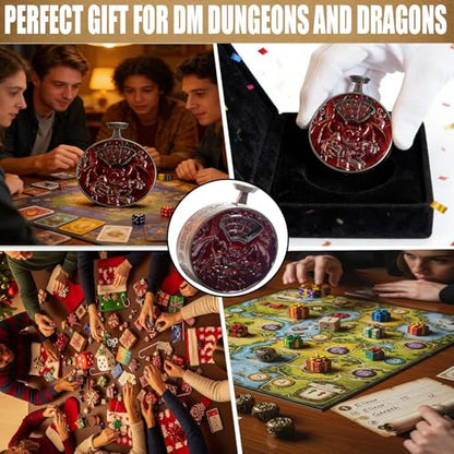 DND Dice Roller D4-D20 Metal Pocket Watch 3D Dragon Art Scarlet | All-in-one dnd spinner dice. metal pocket watch design.press to roll. zinc alloy metal. mtg ttrpg gifts - color: Dice Roller-scarlet