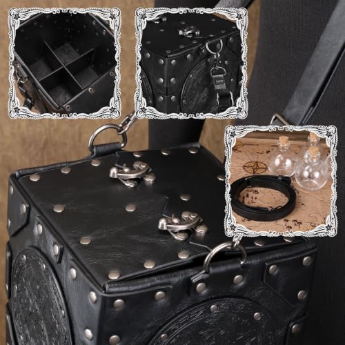 HiiFeuer Medieval Alchemist Crossbody Bag, Embossed Leather Riveted Potion Box with Bottles, Wizard Storage Box for Ren Faire (Black A) - color: Black A