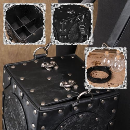 HiiFeuer Medieval Alchemist Crossbody Bag, Embossed Leather Riveted Potion Box with Bottles, Wizard Storage Box for Ren Faire (Black A) - color: Black A