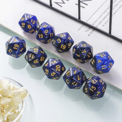 10 Pieces Polyhedral Dice Set D20 Dice 20mm Acrylic 20 Sided Game Dice for Dungeons and Dragons RPG MTG DND Dice Table Games (Starry Blue Black) - color: Starry Blue Black