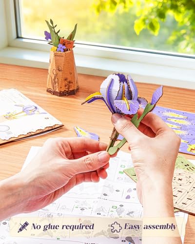 Rowood 3D Puzzles for Adults,DIY Mother's Day Wooden Flower Building Set Craft Kits, Botannical Collection Home Decor,Christmas/Birthday/Valentine's Day Gift- Purple Iris - style: Purple Iris