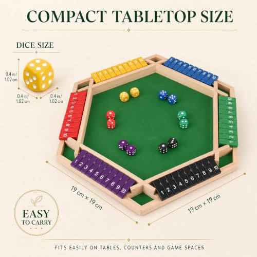 Shut The Box Game, 6 Player Wooden Hexagon Board, 12 Dice Game | 6-player Shut The Box wooden hexagon math board with 12 dice for adults,family nights, parties, pubs and group strategy play - color: 1-6 Players