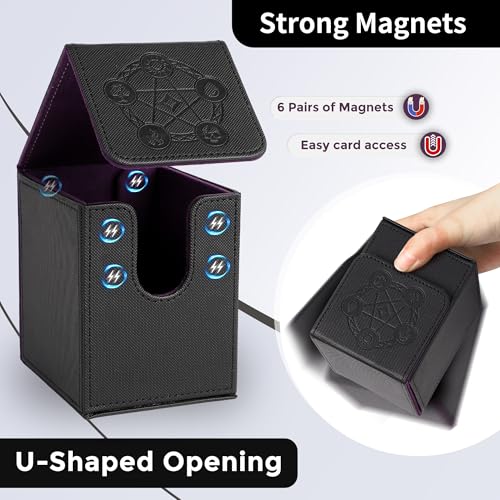 Card Deck Box with 2 Dividers, MTG Commander Deck Box Holds 100+ Double-Sleeved Cards, Leather Magnetic Deck Case Compatible with Magic TCG CCG Cards, Black - color: 2. Black 05, size: 100 Double-sleeved Cards Vertical